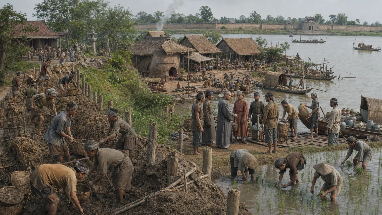 AI-generated evidence-guided visualization related to Dai Viet courts and Red River communities, 939-1407 CE.