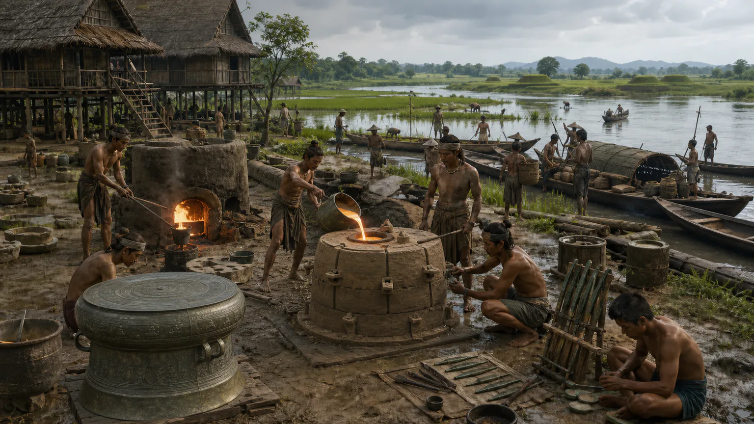 AI-generated evidence-guided visualization related to Dong Son bronze-working and riverine communities, c. 700 BCE-200 CE.