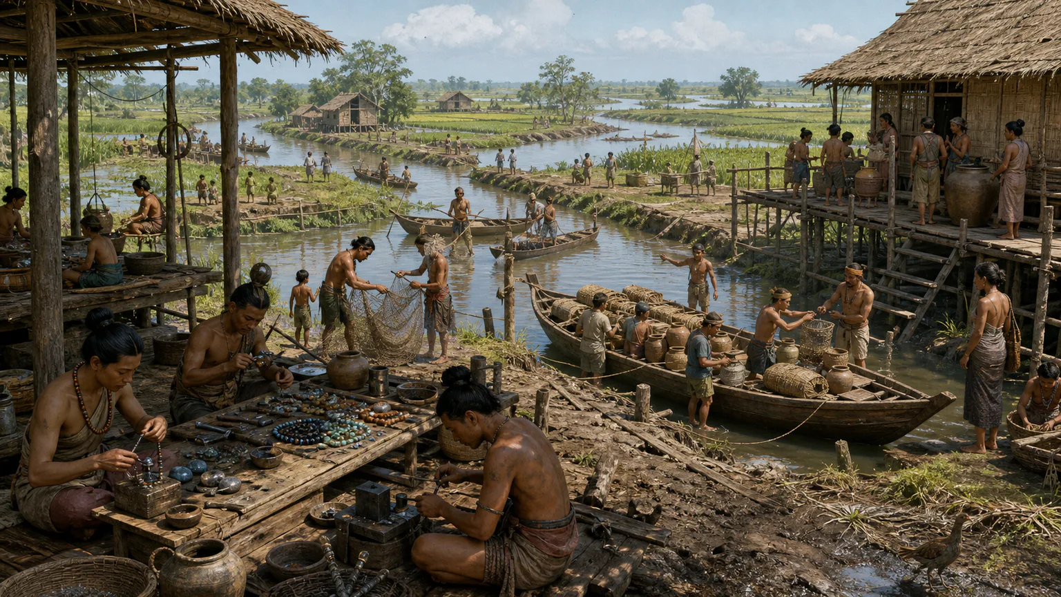 AI-generated evidence-guided visualization related to Mekong delta port communities and Funan-era polities, c. 1st-6th centuries CE.