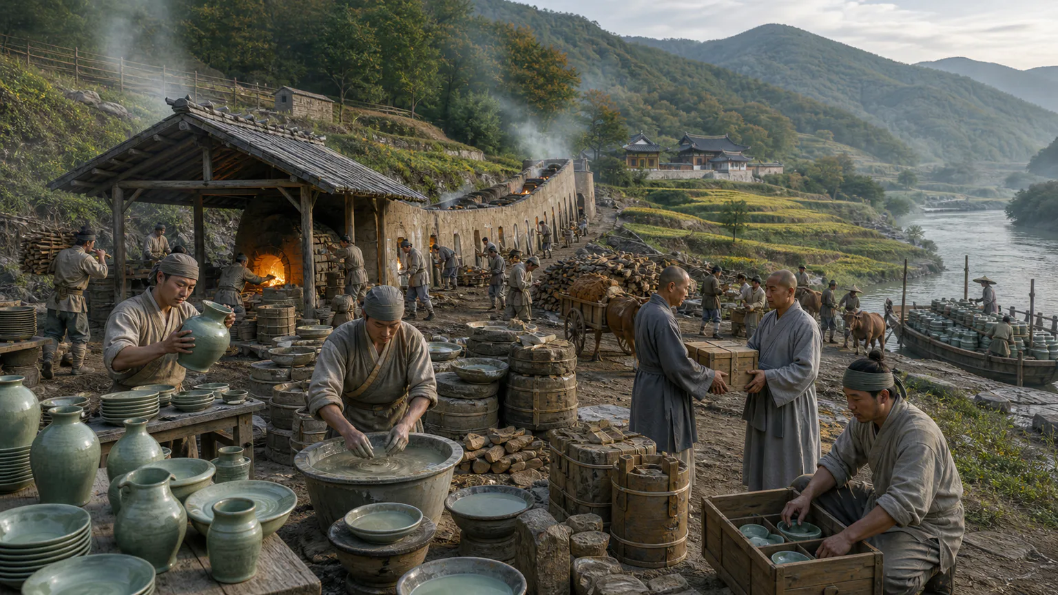 AI-generated evidence-guided visualization related to Goryeo court, Buddhism and celadon production, 918-1392 CE.