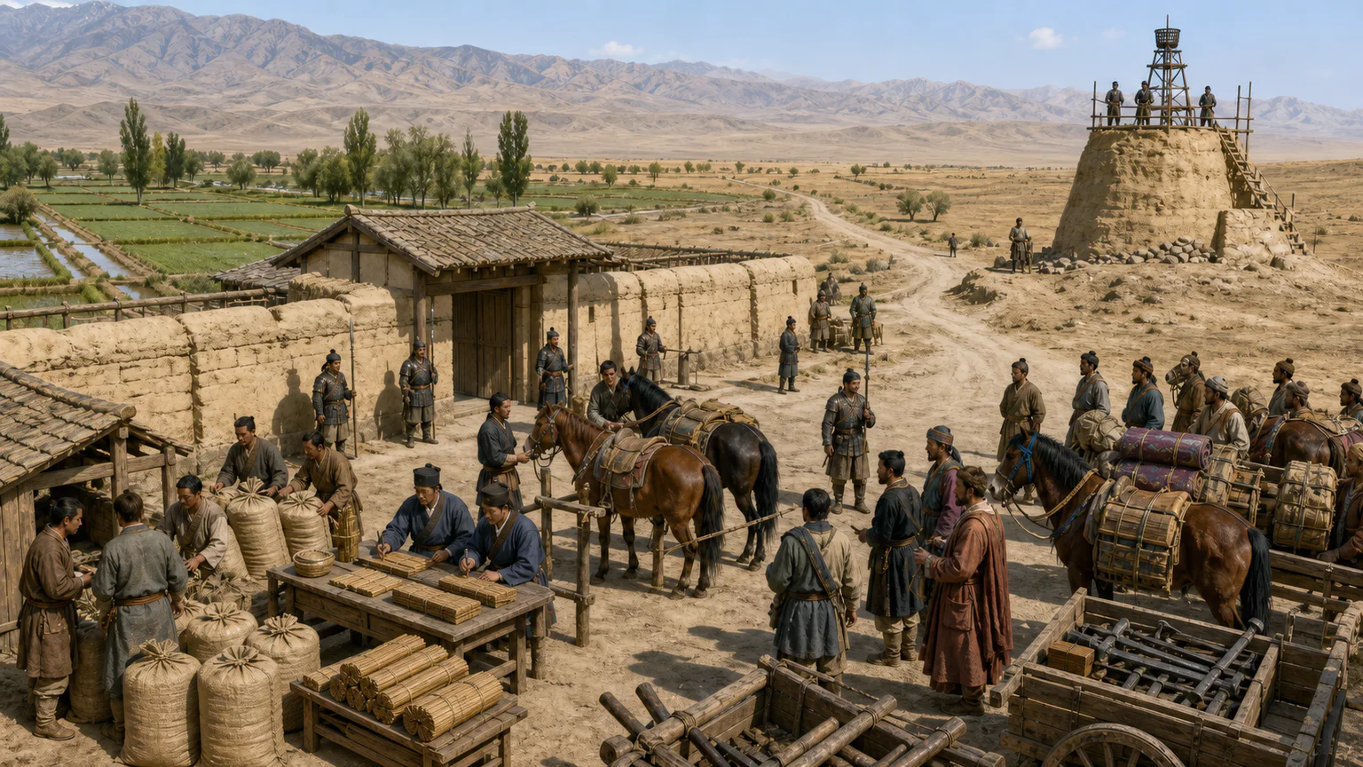 AI-generated evidence-guided visualization related to Han empire, frontier movement and Silk Road exchange, 206 BCE-220 CE.