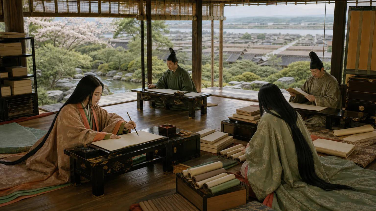 AI-generated evidence-guided visualization related to Heian court culture and kana writing, 794-1185 CE.