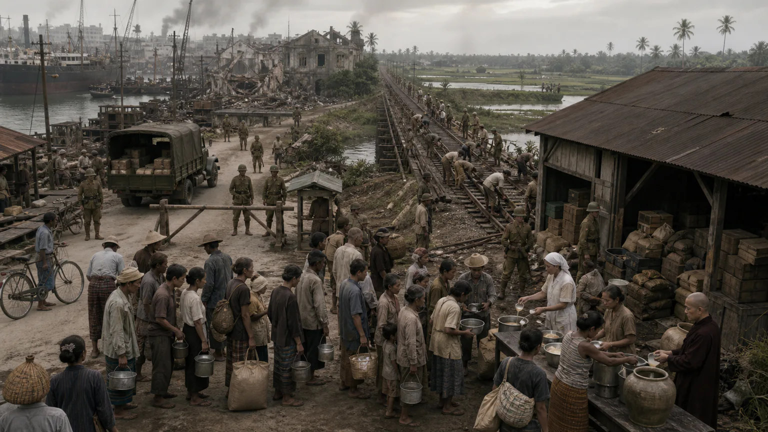 AI-generated evidence-guided visualization related to Japanese occupation and wartime Southeast Asia, 1941-1945 CE.