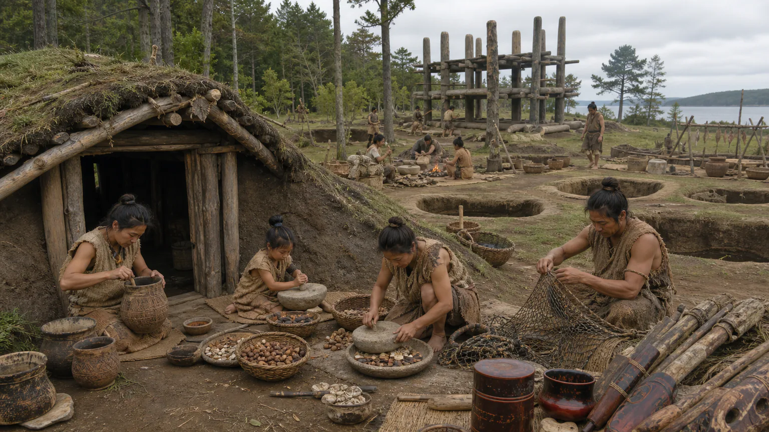 AI-generated evidence-guided visualization related to Jomon communities at Sannai-Maruyama, c. 3900-2200 BCE.