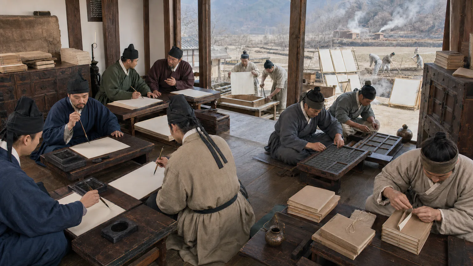 AI-generated evidence-guided visualization related to Joseon governance and Sejong's Hangul project, Joseon dynasty, 1392-1910 CE; Hangul promulgated 1446.