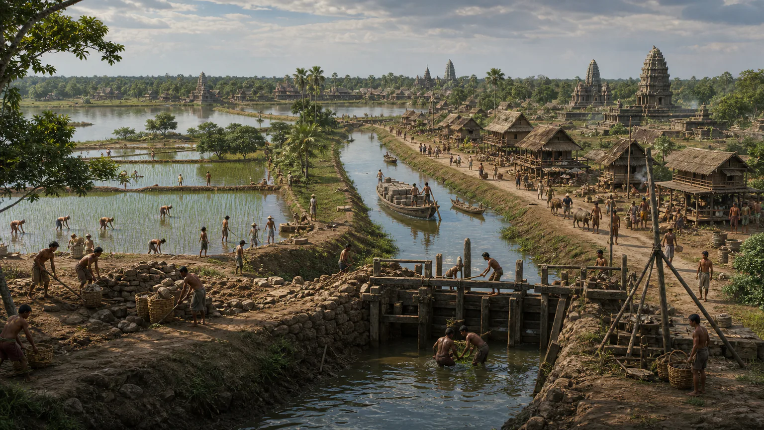 AI-generated evidence-guided visualization related to Khmer Angkor and the hydraulic urban landscape, 802-1431 CE.