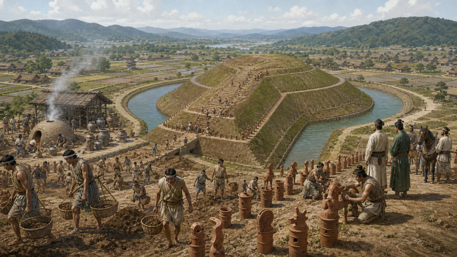 AI-generated evidence-guided visualization related to Kofun mound building and Yamato authority, c. 250-710 CE.