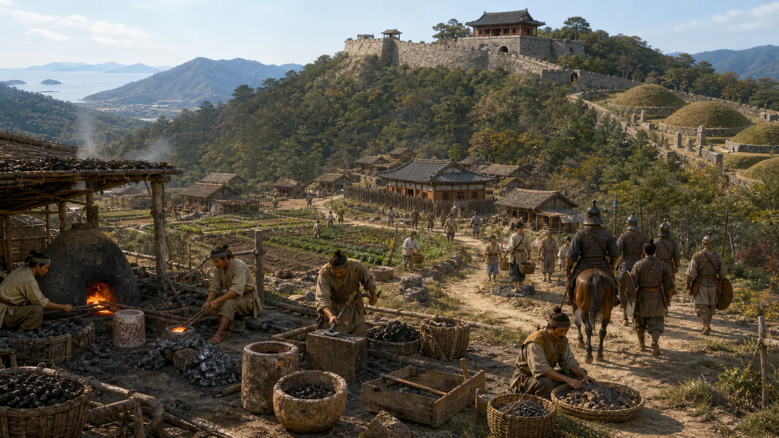 AI-generated evidence-guided visualization related to Goguryeo, Baekje, Silla and Gaya polities, Traditional chronology 57 BCE-668 CE.