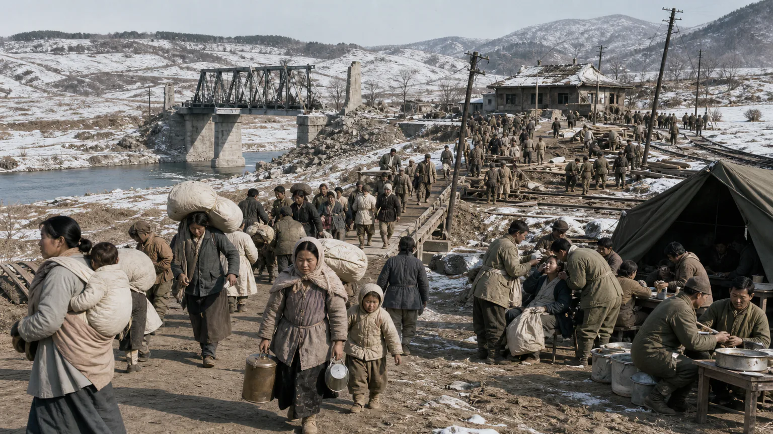 AI-generated evidence-guided visualization related to Korean War, mass displacement and division, 1950-1953 CE.