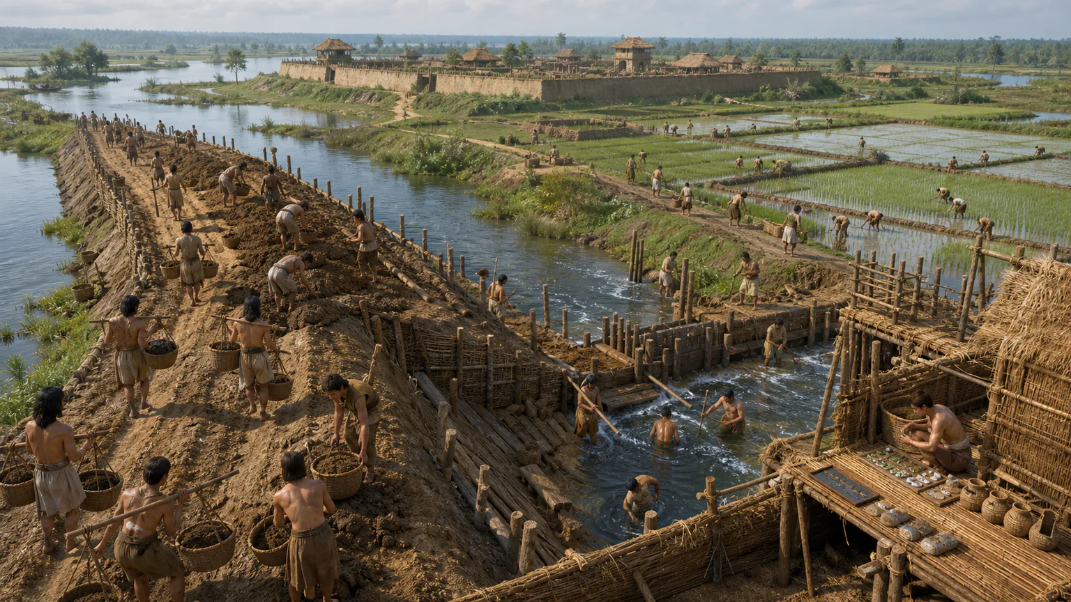 AI-generated evidence-guided visualization related to Liangzhu rice, waterworks and social hierarchy, c. 3300-2300 BCE.