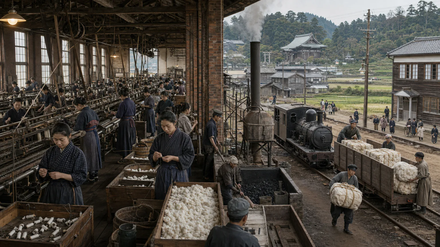 AI-generated evidence-guided visualization related to Meiji state building and industrial transformation, 1868-1912 CE.