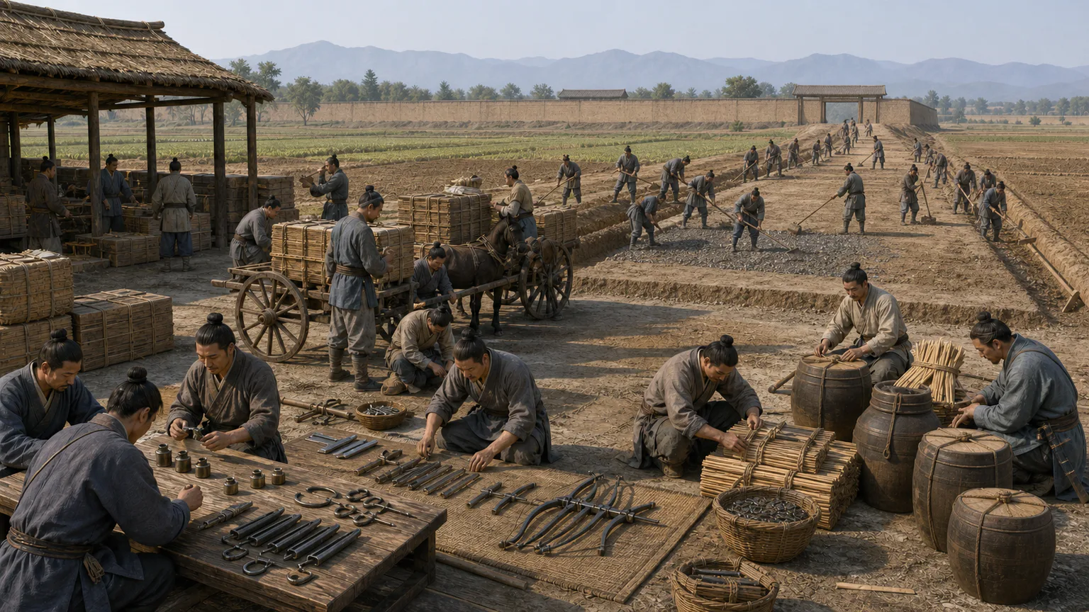 AI-generated evidence-guided visualization related to Qin unification and administrative standardization, 221-206 BCE.