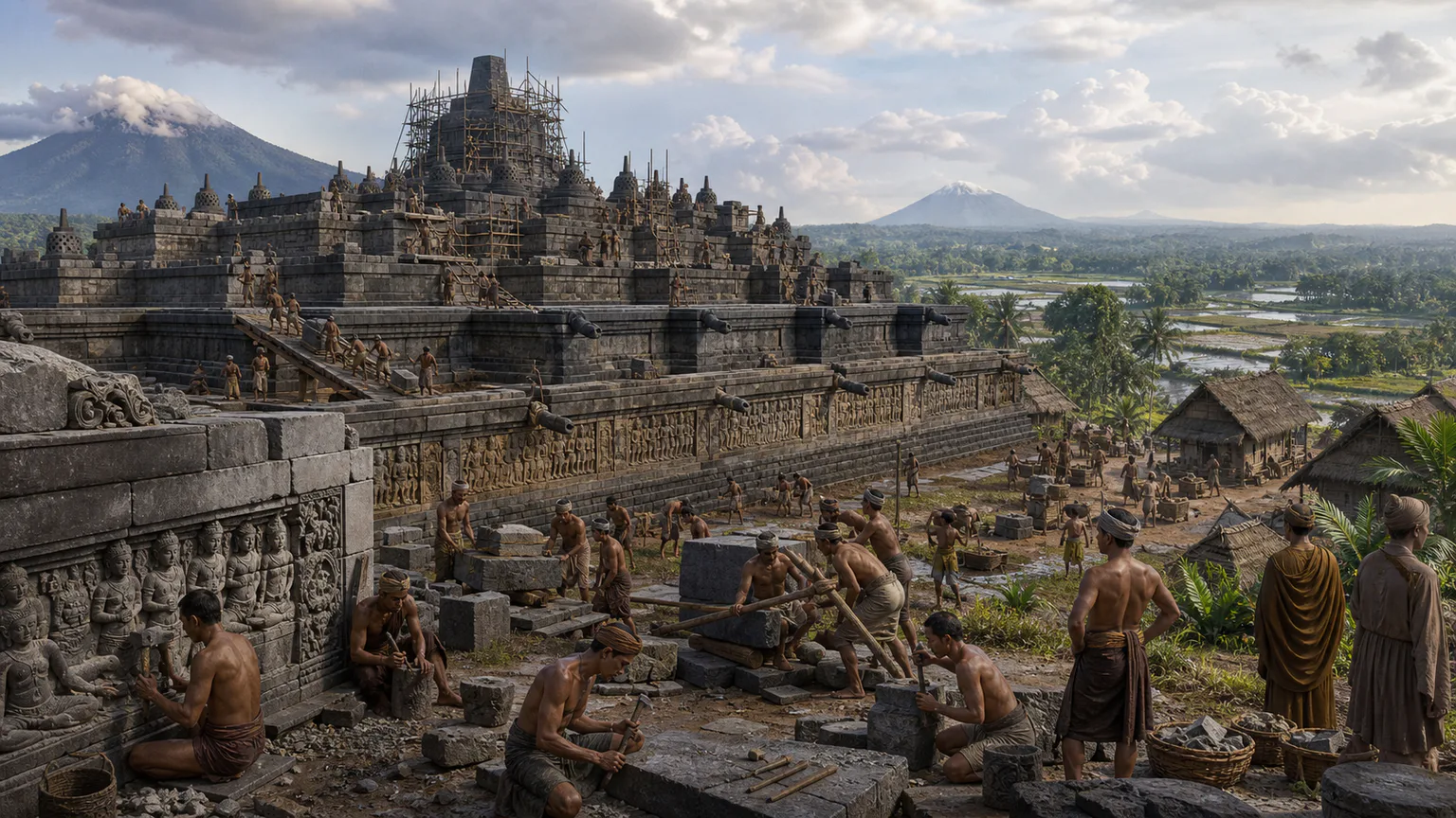 AI-generated evidence-guided visualization related to Sailendra patronage and Borobudur, Mainly 8th-9th centuries CE.