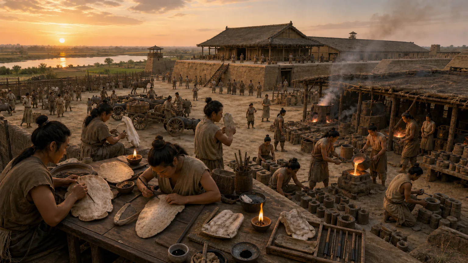 AI-generated evidence-guided visualization related to Shang court, foundries and oracle-bone writing, c. 1600-1046 BCE.