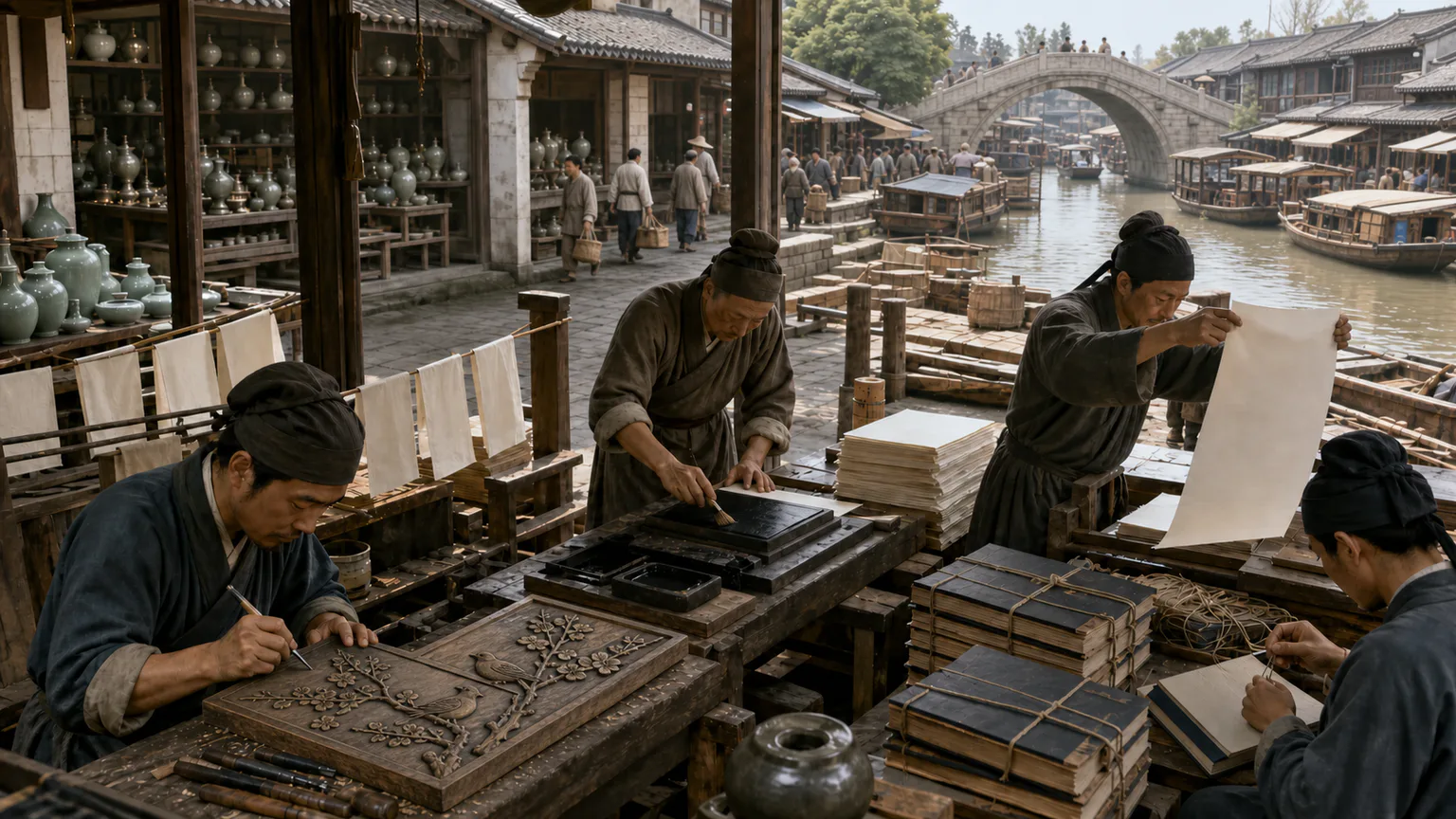 AI-generated evidence-guided visualization related to Song cities, printing and commercial growth, 960-1279 CE.