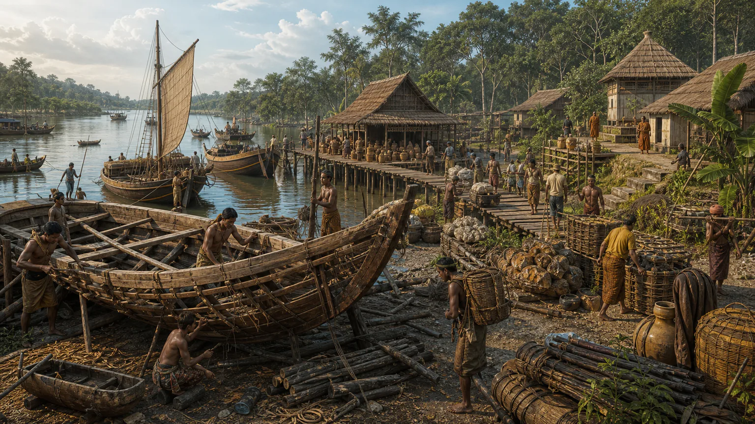 AI-generated evidence-guided visualization related to Srivijaya and the Straits maritime network, c. 7th-13th centuries CE.
