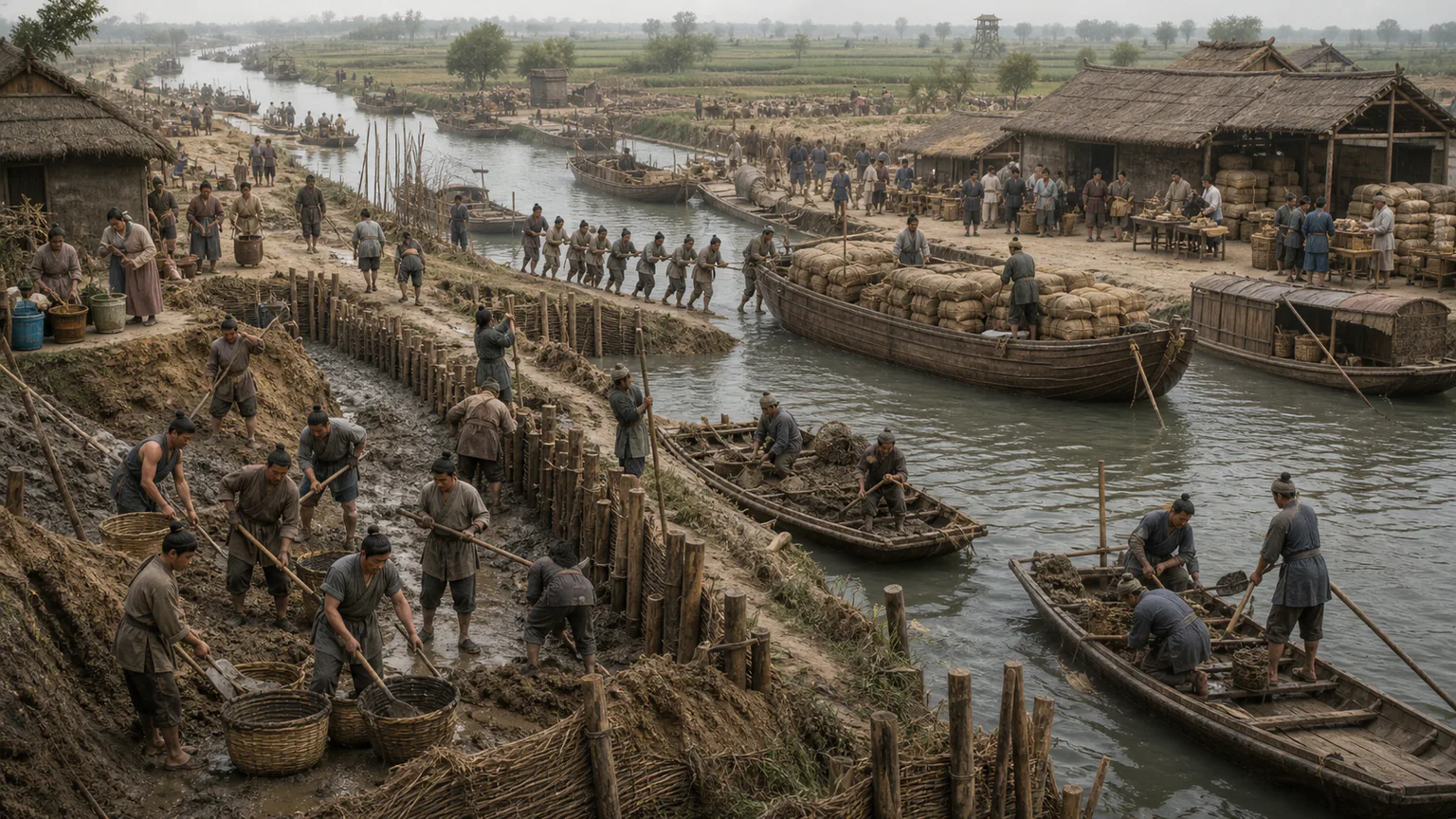 AI-generated evidence-guided visualization related to Sui reunification and Grand Canal construction, 581-618 CE.
