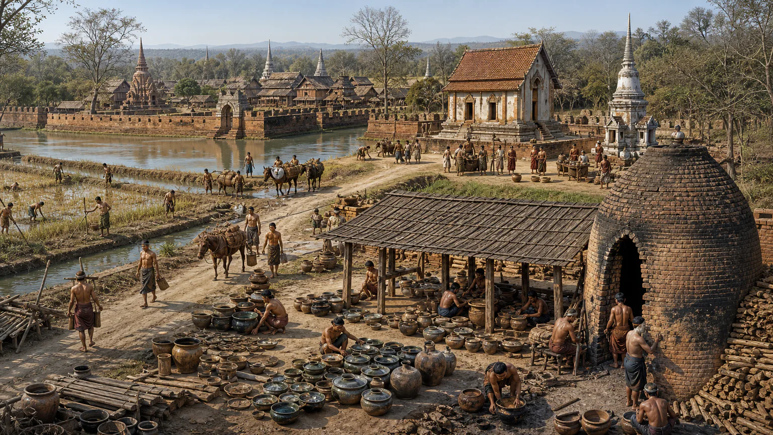 AI-generated evidence-guided visualization related to Sukhothai polity, monasteries and early Thai writing, c. 1238-1438 CE.