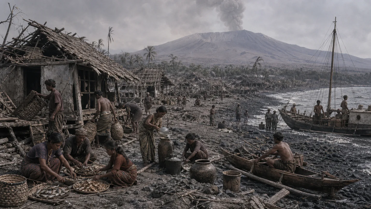 AI-generated evidence-guided visualization related to Tambora eruption and regional disaster, 1815-1816 CE.