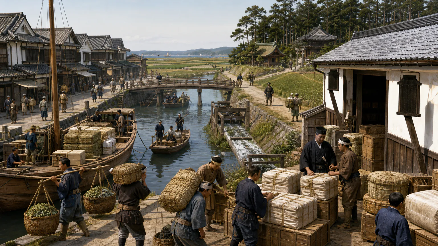 AI-generated evidence-guided visualization related to Tokugawa rule, cities and regulated overseas exchange, 1603-1868 CE.