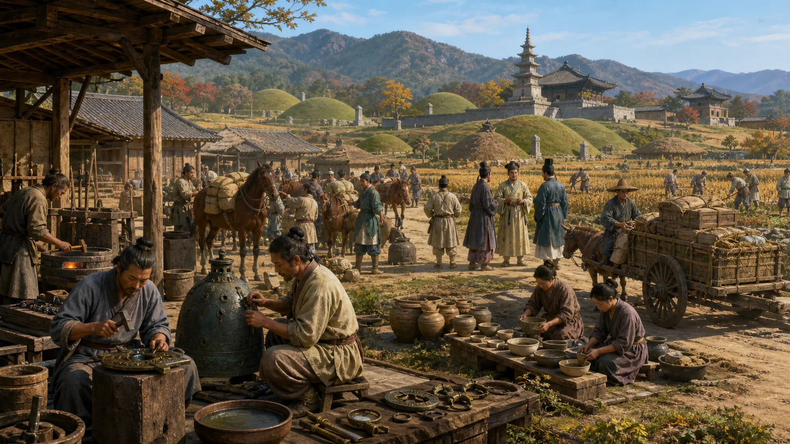 AI-generated evidence-guided visualization related to Unified Silla and Balhae regional worlds, 668-926 CE.