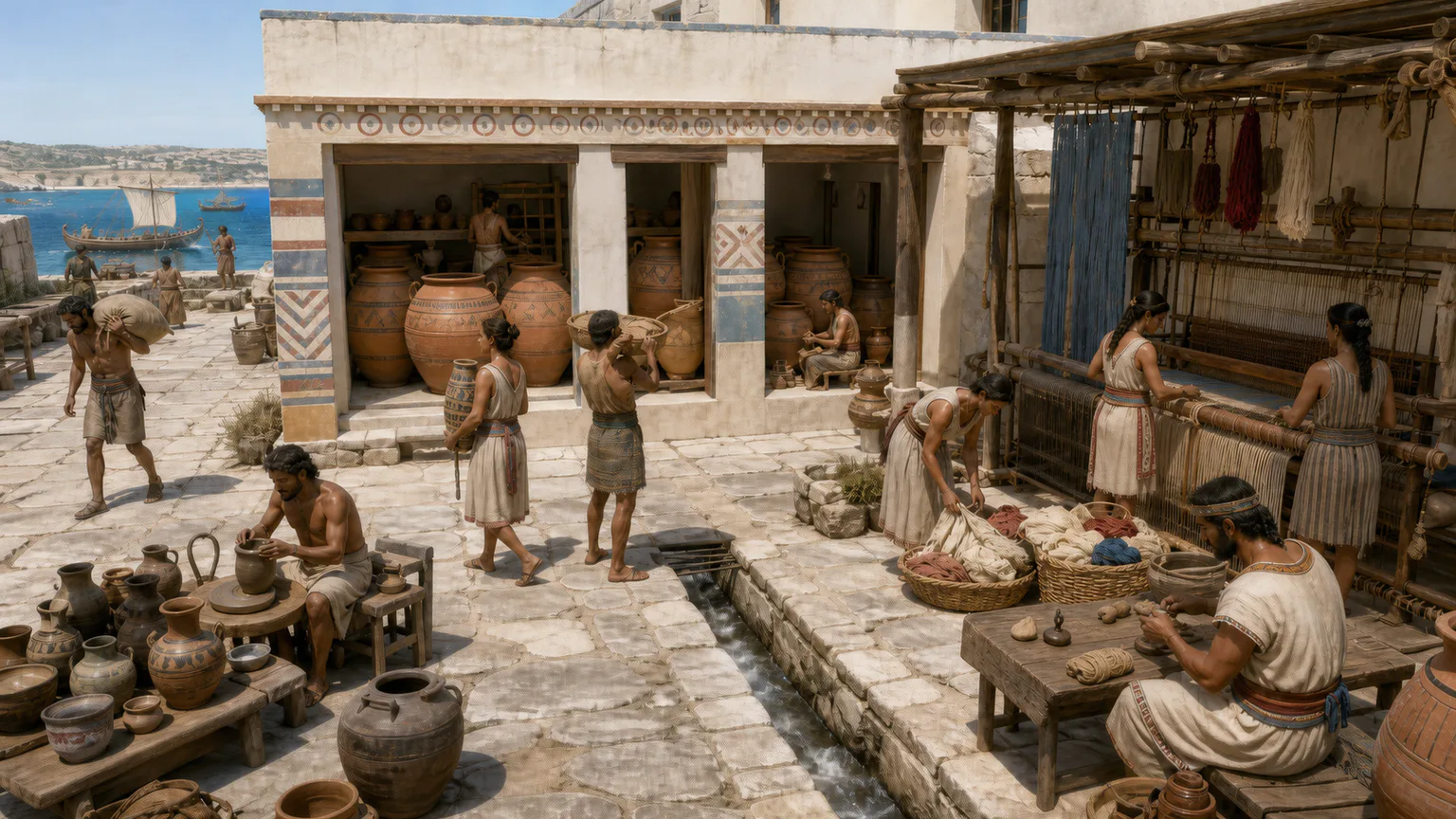 AI-generated evidence-guided visualization related to Aegean Bronze Age palaces and communities, c. 2200-1100 BCE.