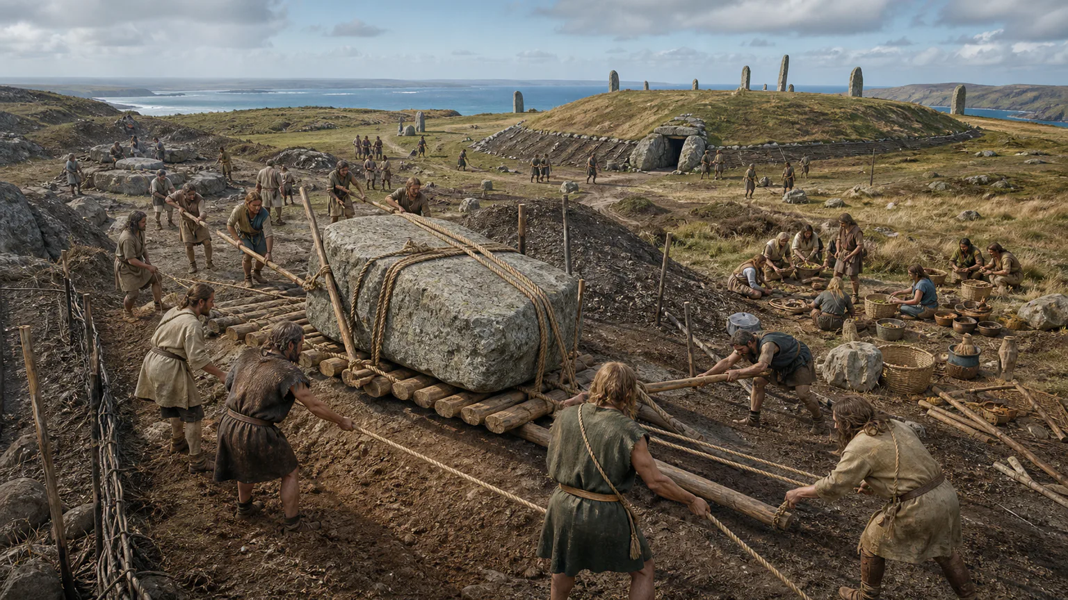 AI-generated evidence-guided visualization related to Megalithic landscapes and collective labor, c. 4500-1600 BCE.