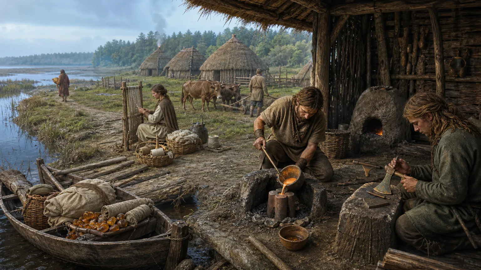 AI-generated evidence-guided visualization related to Bronze Age metal, farming and exchange networks, c. 2000-800 BCE.