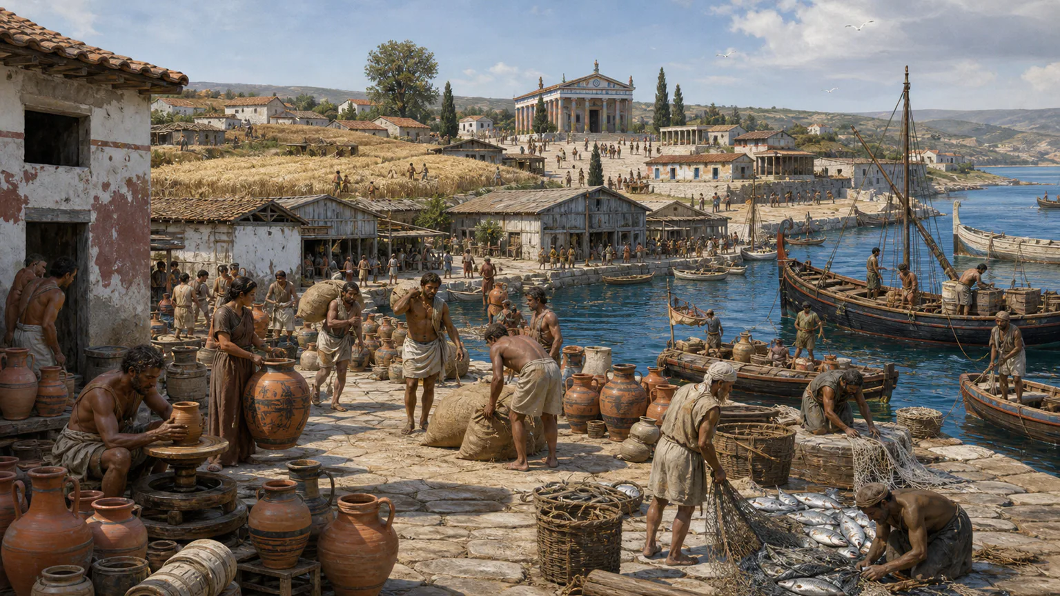 AI-generated evidence-guided visualization related to Greek-speaking Mediterranean networks, c. 800-146 BCE.
