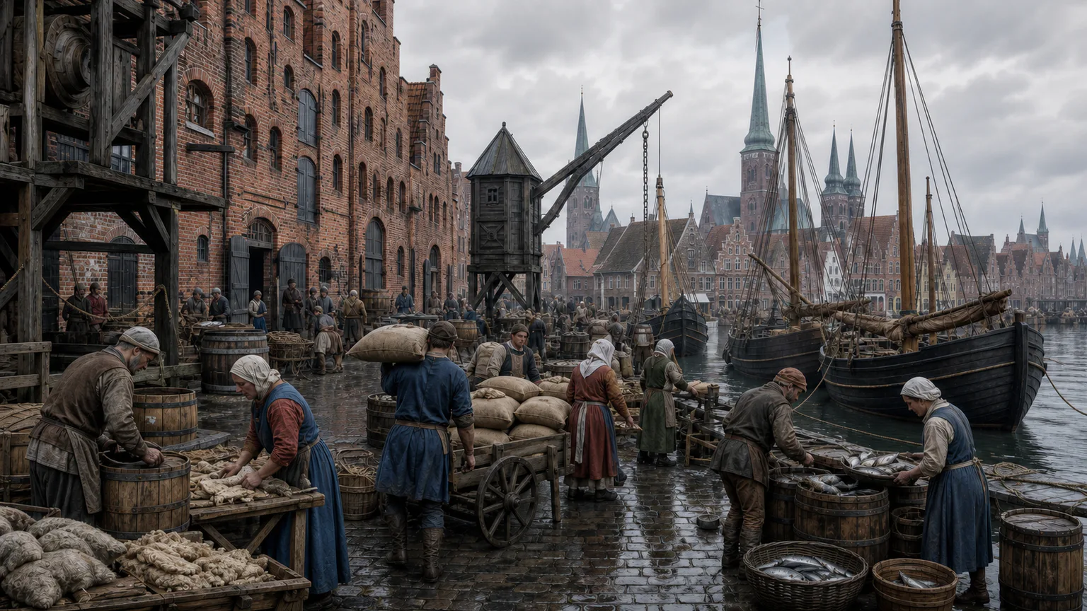 AI-generated evidence-guided visualization related to Hanseatic trade, towns and craft labor, c. 1150-1669 CE.