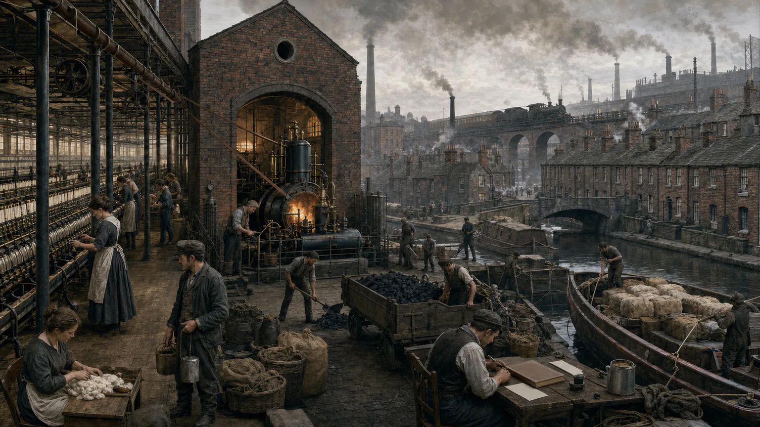 AI-generated evidence-guided visualization related to Industrialization, fossil energy and urban work, c. 1760-1900 CE.