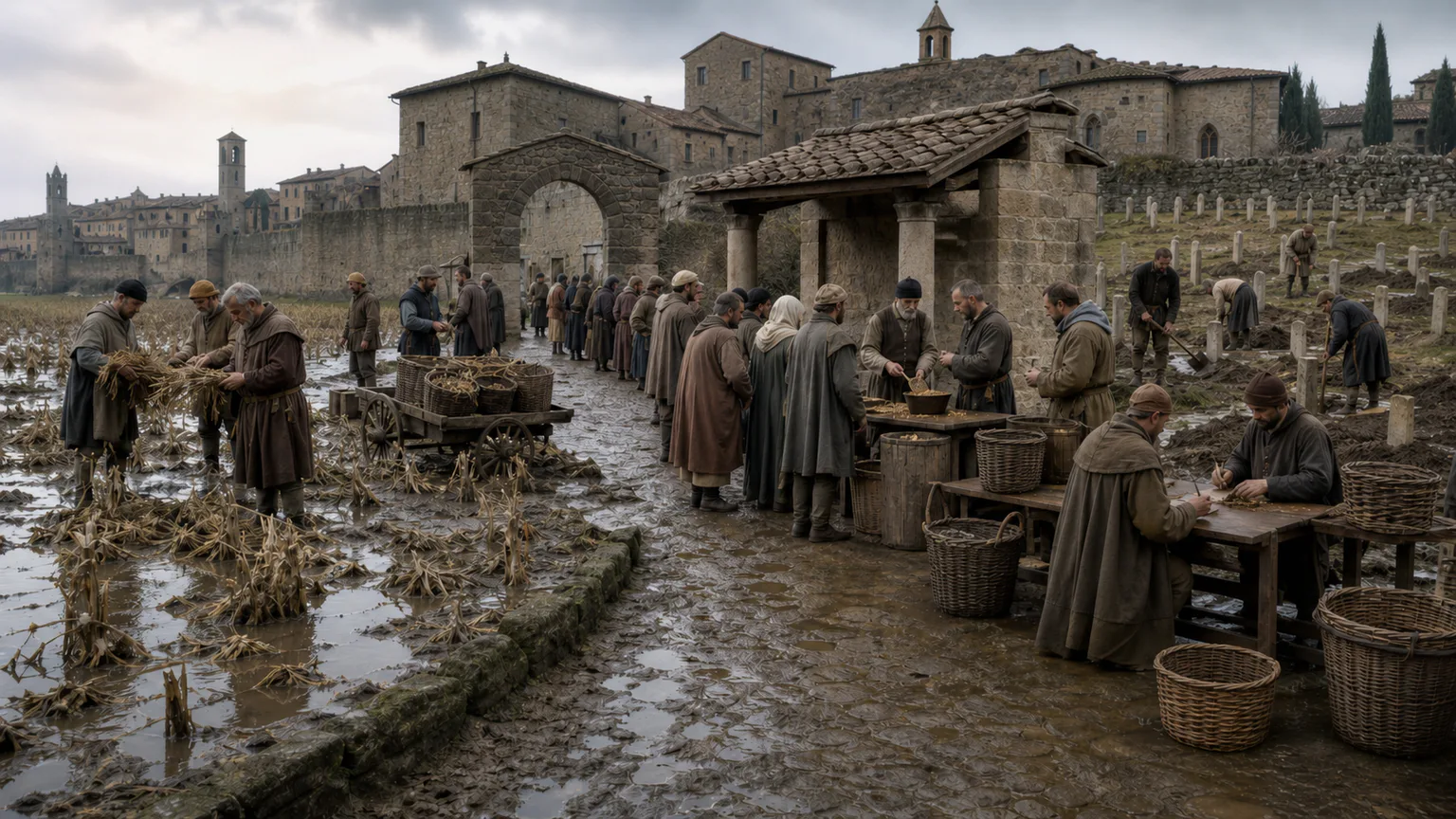 AI-generated evidence-guided visualization related to Famine, plague and late-medieval social change, 1315-1353 CE.