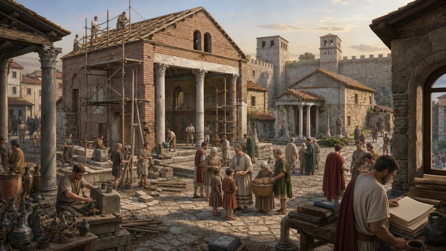AI-generated evidence-guided visualization related to Late Roman religious and civic transformation, c. 250-476 CE.