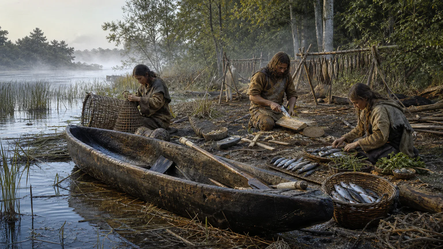 AI-generated evidence-guided visualization related to Mesolithic river, forest and coastal communities, c. 11,700-6500 BCE.
