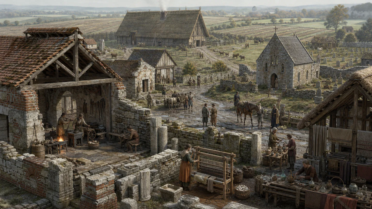 AI-generated evidence-guided visualization related to Migration-period communities and successor kingdoms, c. 300-750 CE.