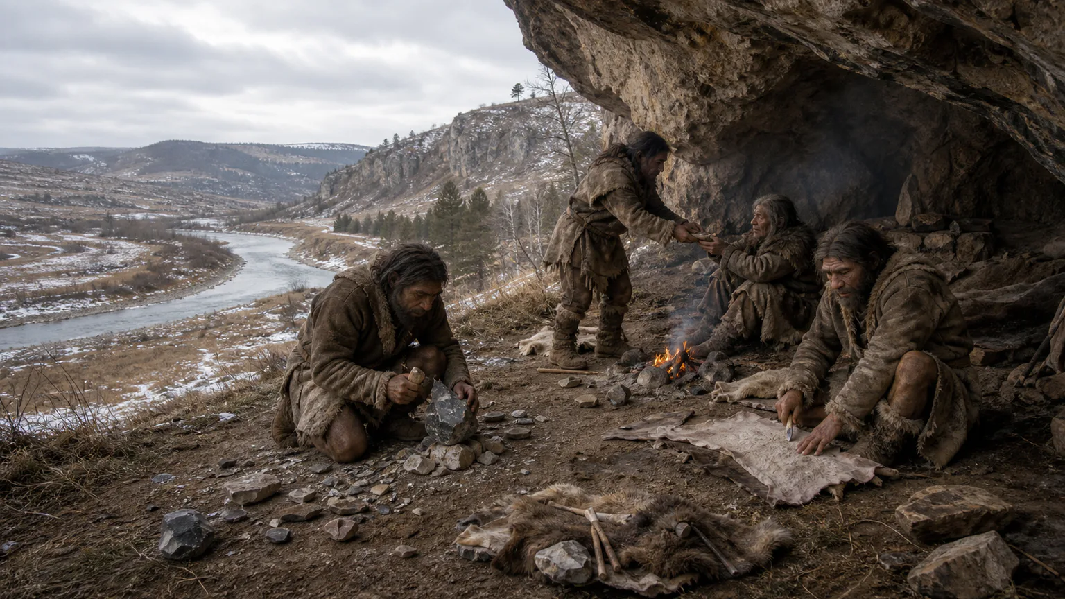 AI-generated evidence-guided visualization related to Neanderthal communities across glacial Europe, c. 400,000-40,000 years ago.