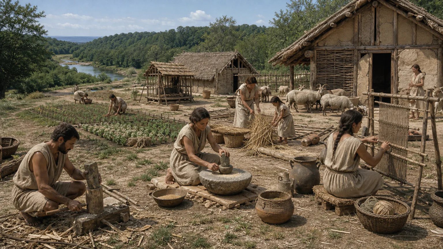 AI-generated evidence-guided visualization related to Farming, herding and village expansion, c. 7000-3500 BCE.