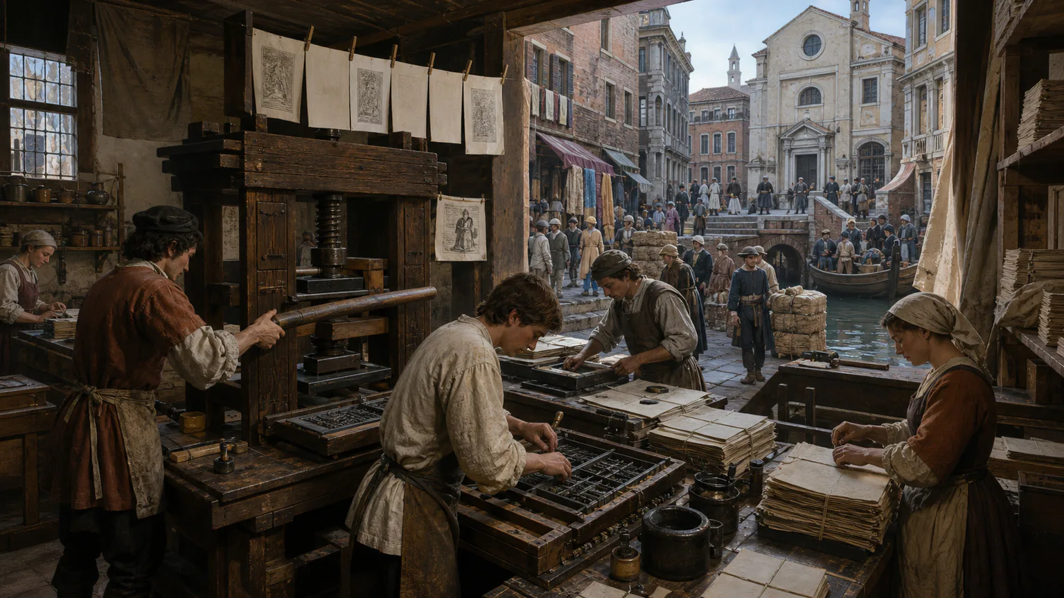 AI-generated evidence-guided visualization related to Renaissance cities, humanism and print, c. 1350-1550 CE.