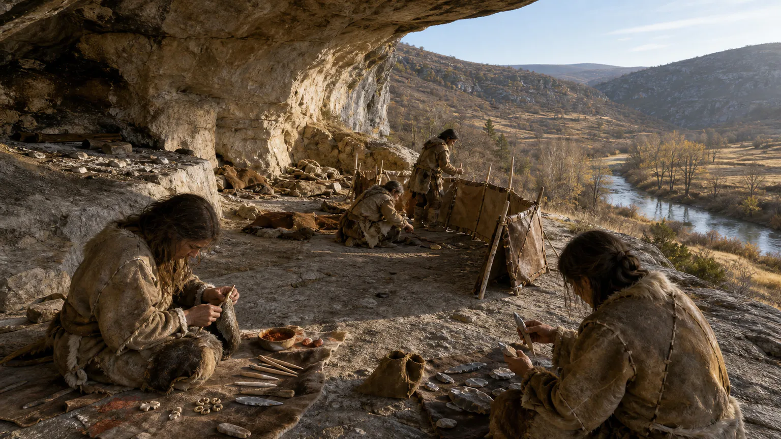 AI-generated evidence-guided visualization related to Homo sapiens settlement and population overlap, c. 50,000-30,000 BCE.