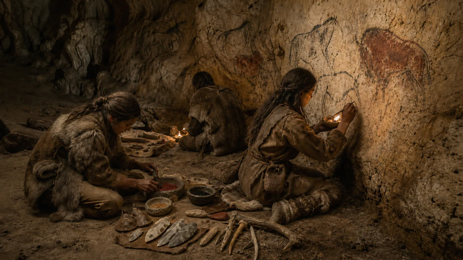 AI-generated evidence-guided visualization related to Upper Paleolithic art, hunting and exchange, c. 35,000-10,000 BCE.