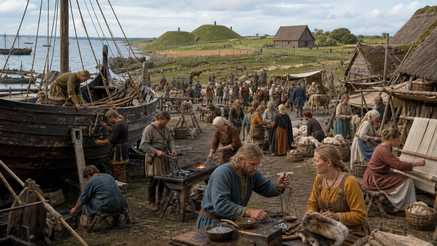 AI-generated evidence-guided visualization related to Viking Age raiding, trade, farming and settlement, c. 750-1100 CE.