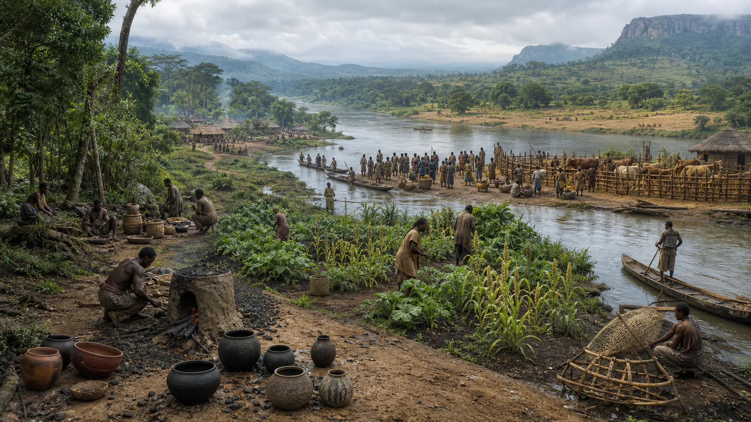 AI-generated evidence-guided visualization related to Bantu-language expansions reshaped African regions, c. 2000 BCE-1500 CE as a broad, regionally varied process.