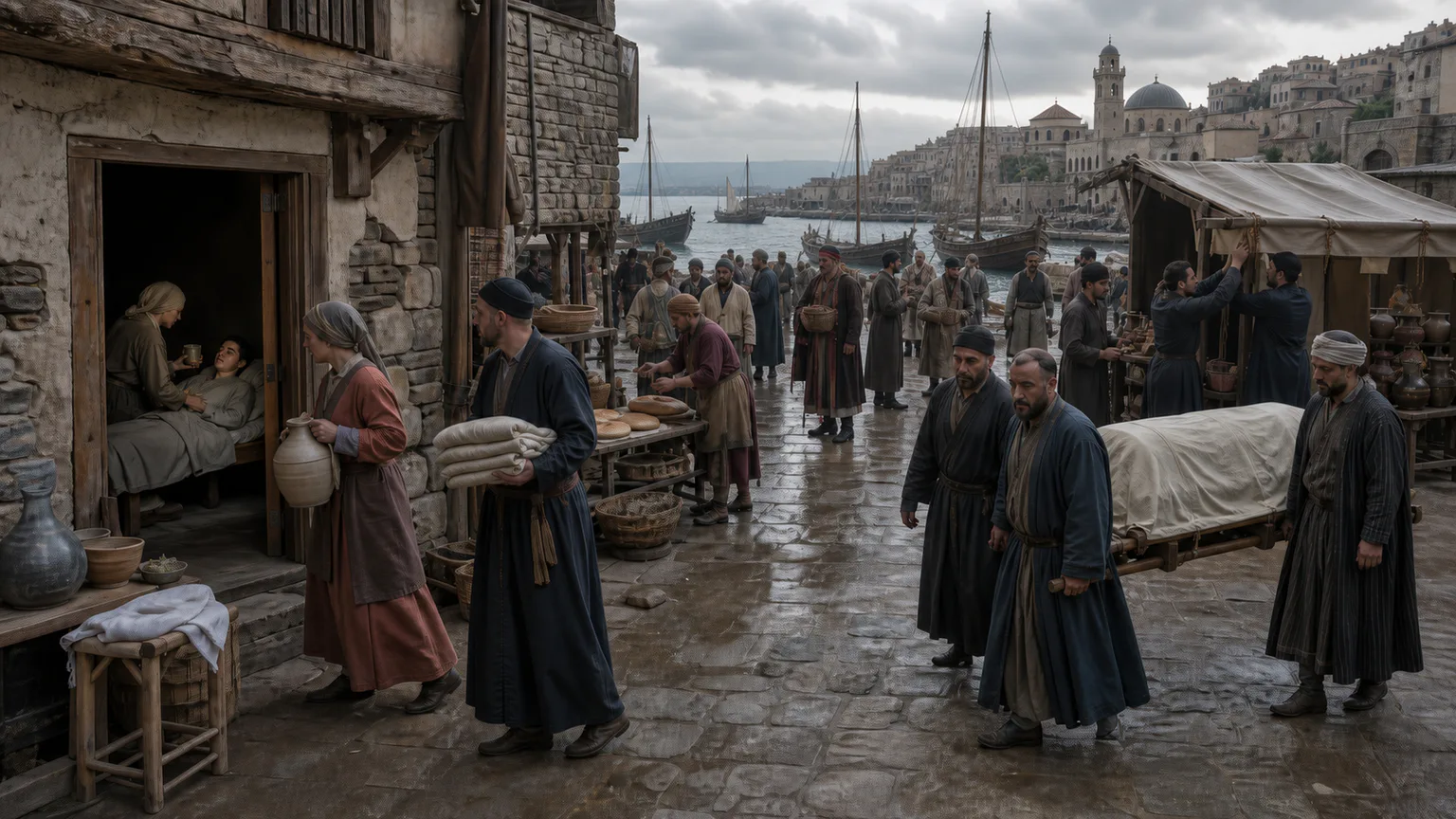 AI-generated evidence-guided visualization related to The Black Death moved through connected worlds, 1338-1353 CE.