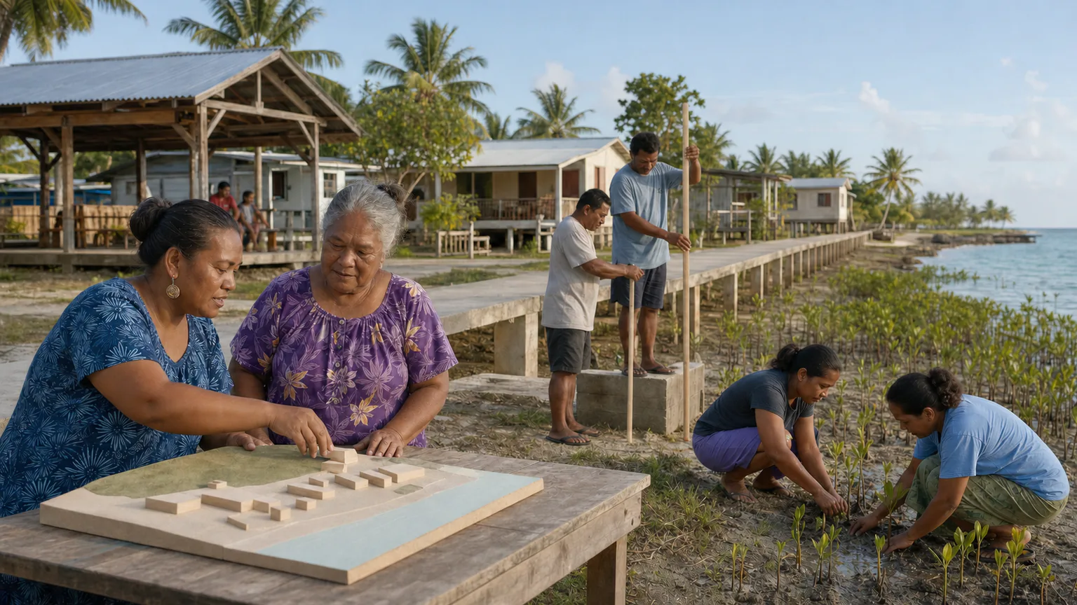 AI-generated evidence-guided visualization of I-Kiribati residents planning adaptation beside raised homes and mangrove plantings, 2000-2026 CE.