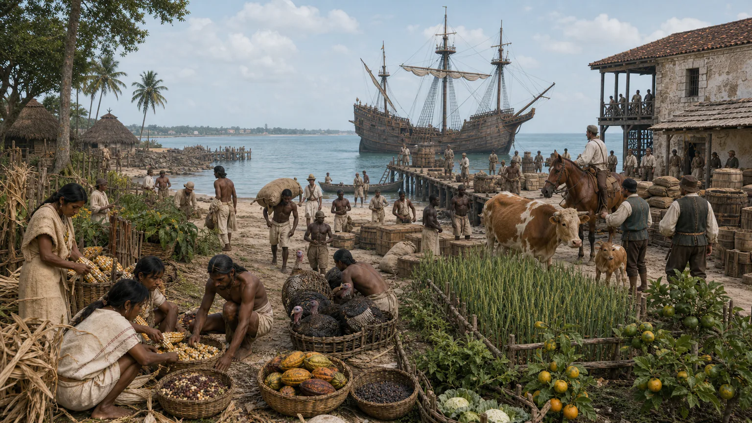 AI-generated evidence-guided visualization related to The Columbian Exchange transformed ecologies, 1500-1800 CE.
