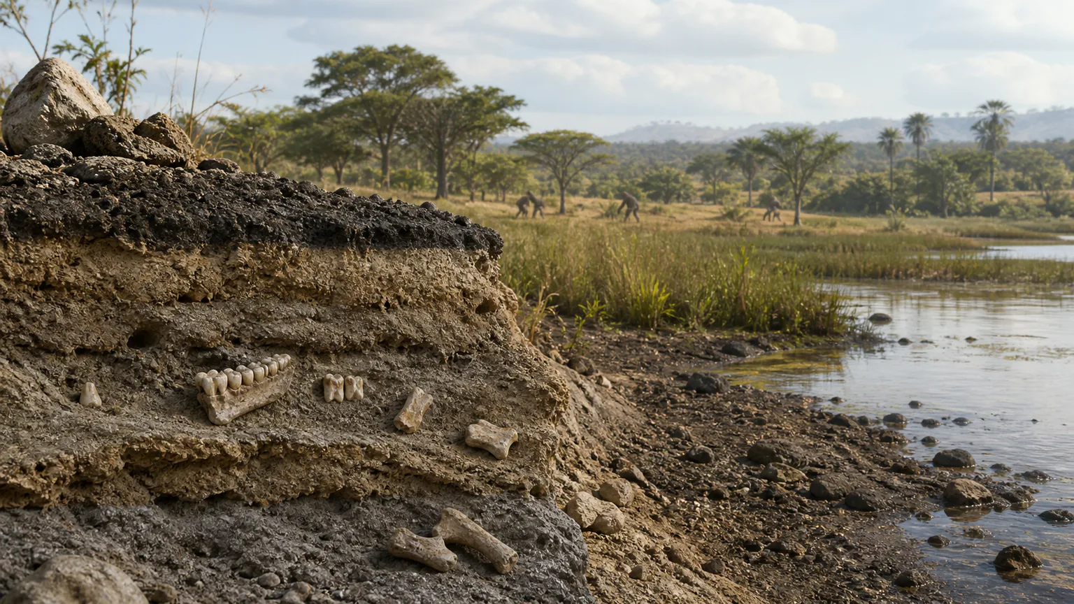 AI-generated evidence-guided visualization related to Earliest known hominin branches in Africa, c. 7-4 million years ago.