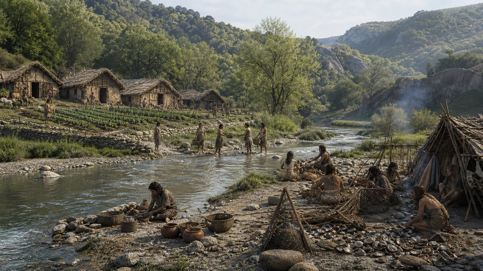 AI-generated evidence-guided visualization related to Farming spread through movement and adoption, c. 7000-3500 BCE.