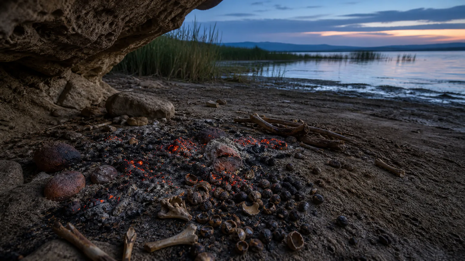 AI-generated evidence-guided visualization related to Fire changed food, protection and social space, c. 790,000-300,000 years ago.