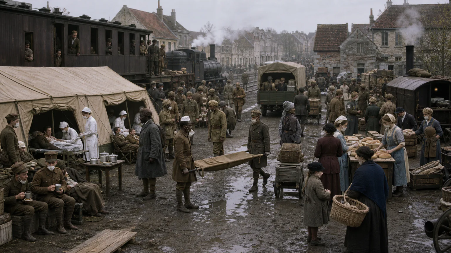 AI-generated evidence-guided visualization related to World War I and the 1918 influenza pandemic, 1914-1920 CE.