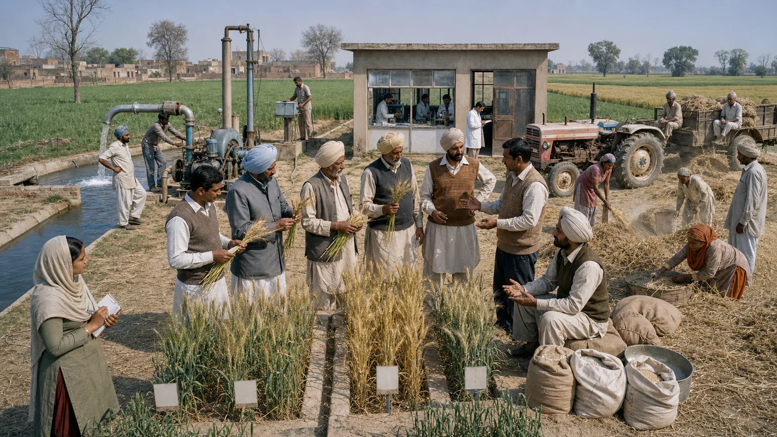 AI-generated evidence-guided visualization related to The Green Revolution raised yields unevenly, c. 1950-1980 CE.